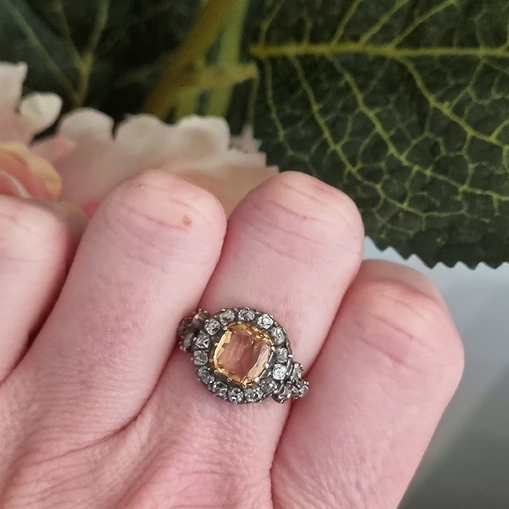 Antique Cushion Cut Imperial Topaz and Old Cut Diamond Cluster Engagement Ring