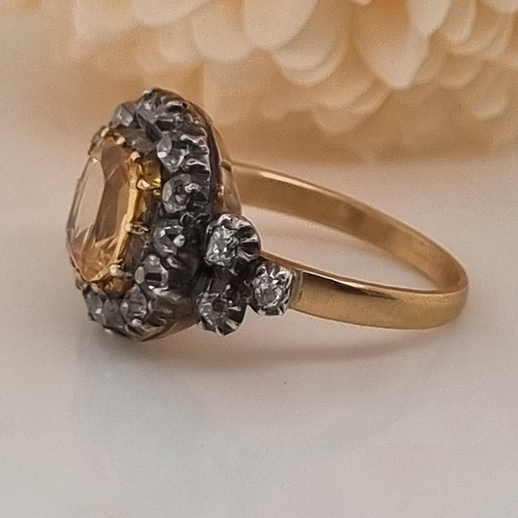 Antique Cushion Cut Imperial Topaz and Old Cut Diamond Cluster Engagement Ring