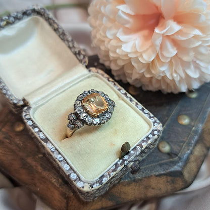 Antique Cushion Cut Imperial Topaz and Old Cut Diamond Cluster Engagement Ring