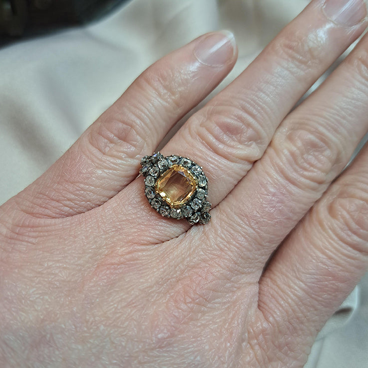 Antique Cushion Cut Imperial Topaz and Old Cut Diamond Cluster Engagement Ring