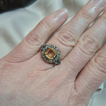 Antique Cushion Cut Imperial Topaz and Old Cut Diamond Cluster Engagement Ring