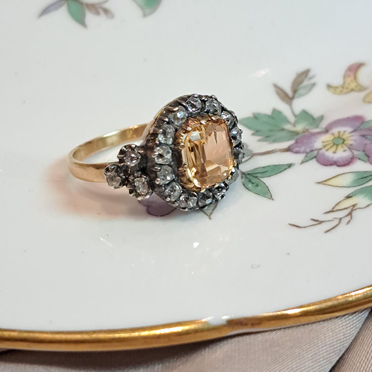 Antique Cushion Cut Imperial Topaz and Old Cut Diamond Cluster Engagement Ring