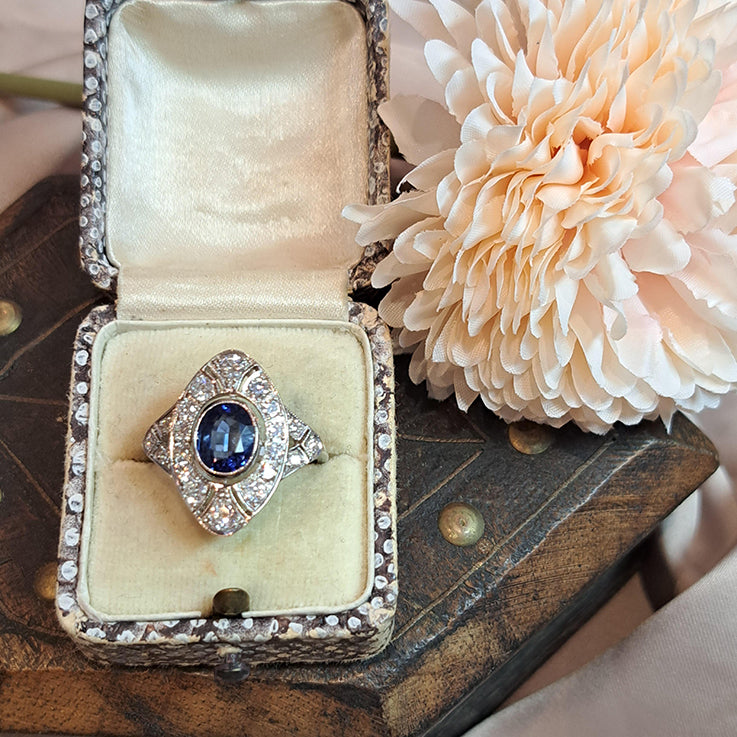 Contemporary 1.90ct Oval Sapphire and Diamond Navette Cluster Plaque Ring