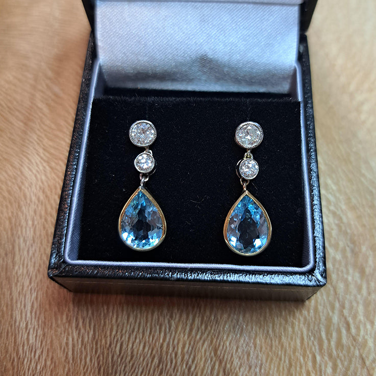 3.25ct Pear Cut Aquamarine and Diamond Drop Earrings