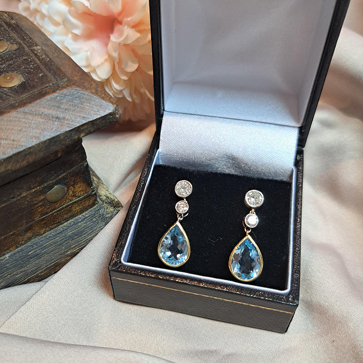 3.25ct Pear Cut Aquamarine and Diamond Drop Earrings