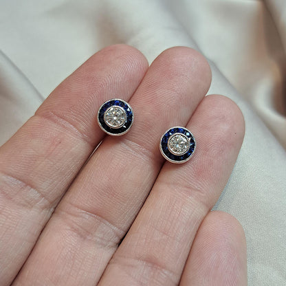 0.50ct Diamond and Calibre Sapphire Target Stud Earrings