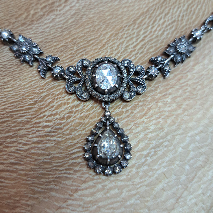 Victorian Antique Rose Cut Diamond Cluster Necklace