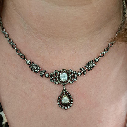 Victorian Antique Rose Cut Diamond Cluster Necklace