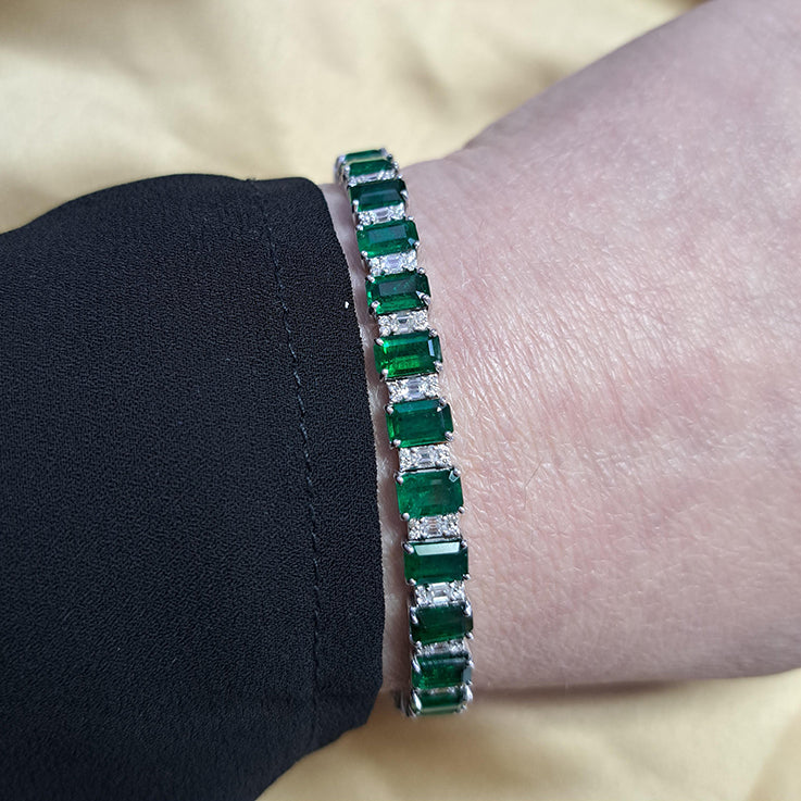 14.15ct Emerald Cut Emerald and Diamond Line Tennis Bracelet