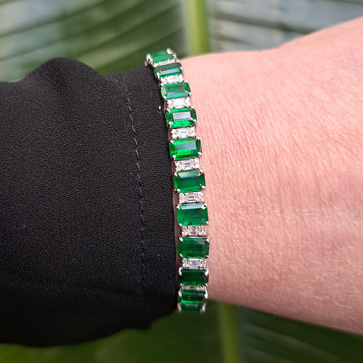 14.15ct Emerald Cut Emerald and Diamond Line Tennis Bracelet