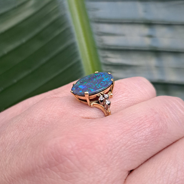Vintage Black Opal and Diamond Ring, Circa 1960s