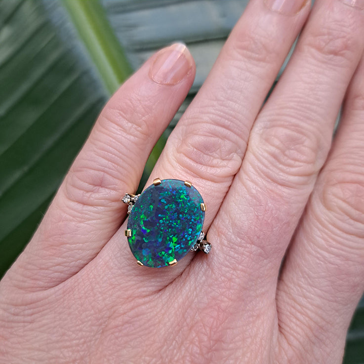 Vintage Black Opal and Diamond Ring, Circa 1960s