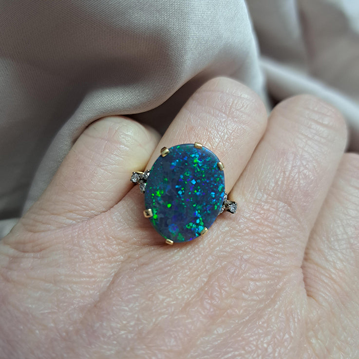 Vintage Black Opal and Diamond Ring, Circa 1960s