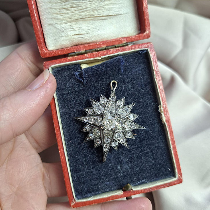 Antique 5ct Old Mine Cut Diamond Star Pendant come Brooch