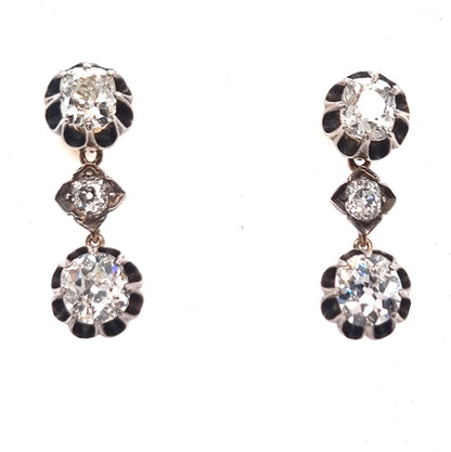 Antique 4ct Old Mine Cut Diamond Trilogy Drop Earrings