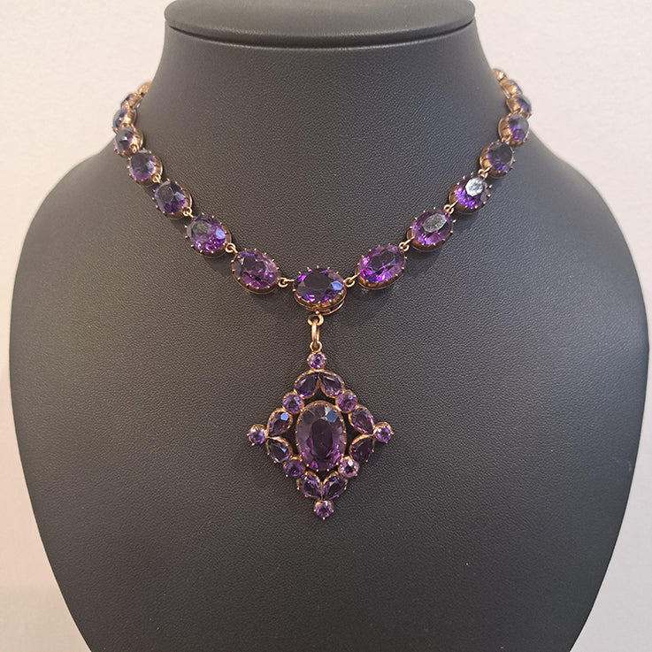 Antique Intense Purple Siberian Amethyst Riviere Necklace with Detachable Pendant