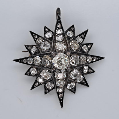 Antique 5ct Old Mine Cut Diamond Star Pendant come Brooch