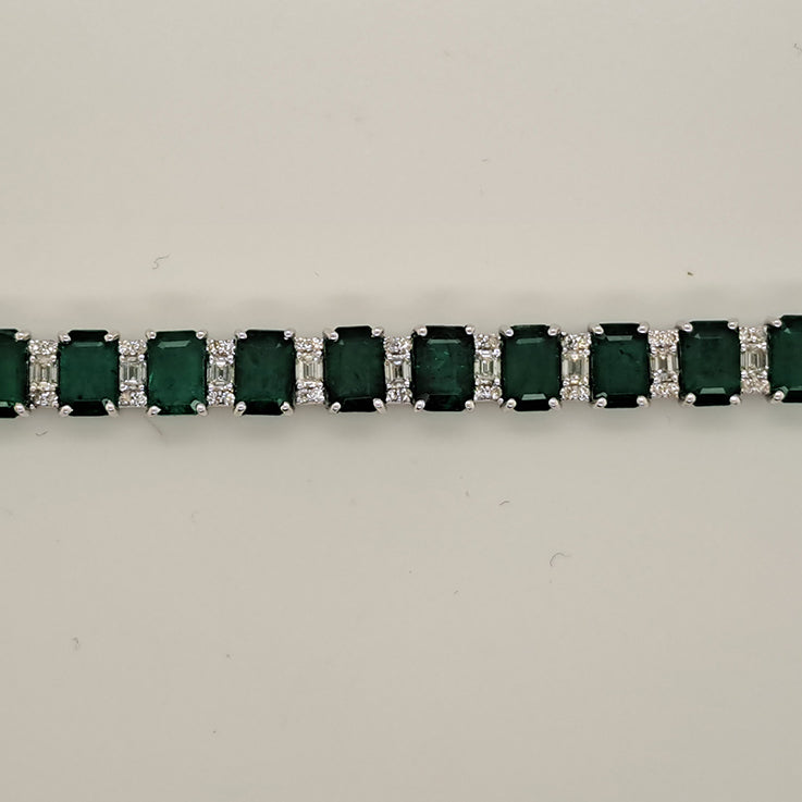 14.15ct Emerald Cut Emerald and Diamond Line Tennis Bracelet