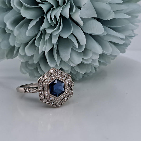 Art Deco 0.50ct Hexagonal Cut Sapphire and Diamond Cluster Engagement Ring in Platinum