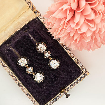 Antique 4ct Old Mine Cut Diamond Trilogy Drop Earrings