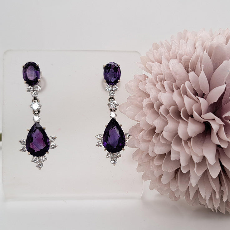 Vintage 6.65ct Amethyst and Diamond Drop Earrings