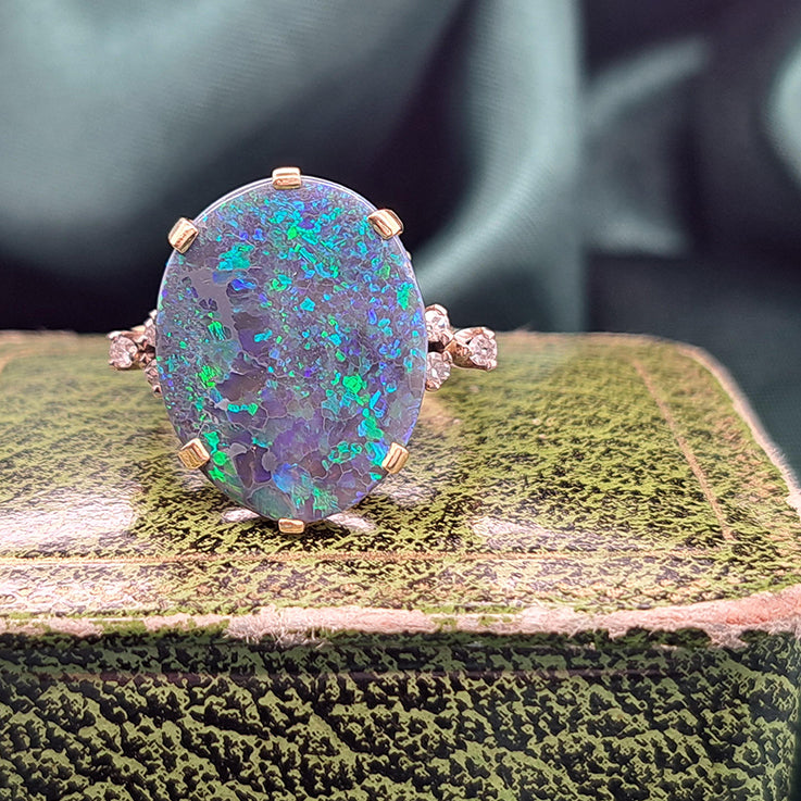 Vintage Black Opal and Diamond Ring, Circa 1960s