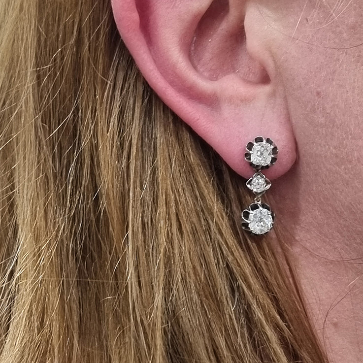 Antique 4ct Old Mine Cut Diamond Trilogy Drop Earrings