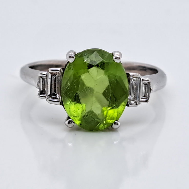 Oval Peridot and Baguette Diamond Engagement Ring in 18ct White Gold