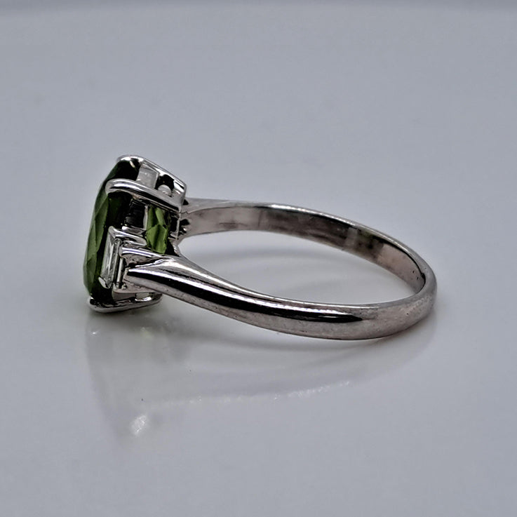 Oval Peridot and Baguette Diamond Engagement Ring in 18ct White Gold