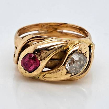 Antique Old Mine Cut Diamond and Ruby Set 18ct Yellow Gold Double Head Snake Ring
