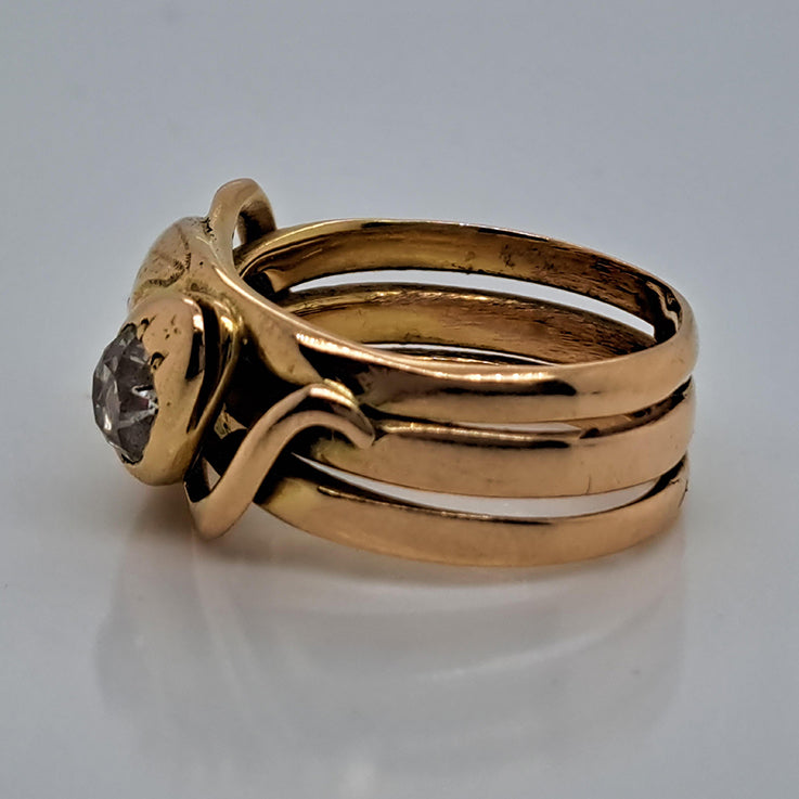 Antique Old Mine Cut Diamond and Ruby Set 18ct Yellow Gold Double Head Snake Ring