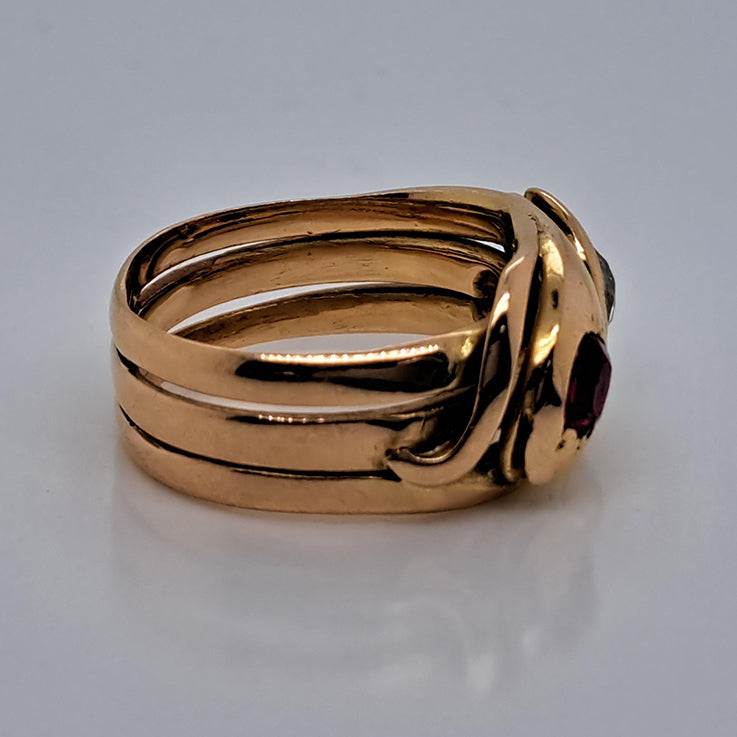 Antique Old Mine Cut Diamond and Ruby Set 18ct Yellow Gold Double Head Snake Ring
