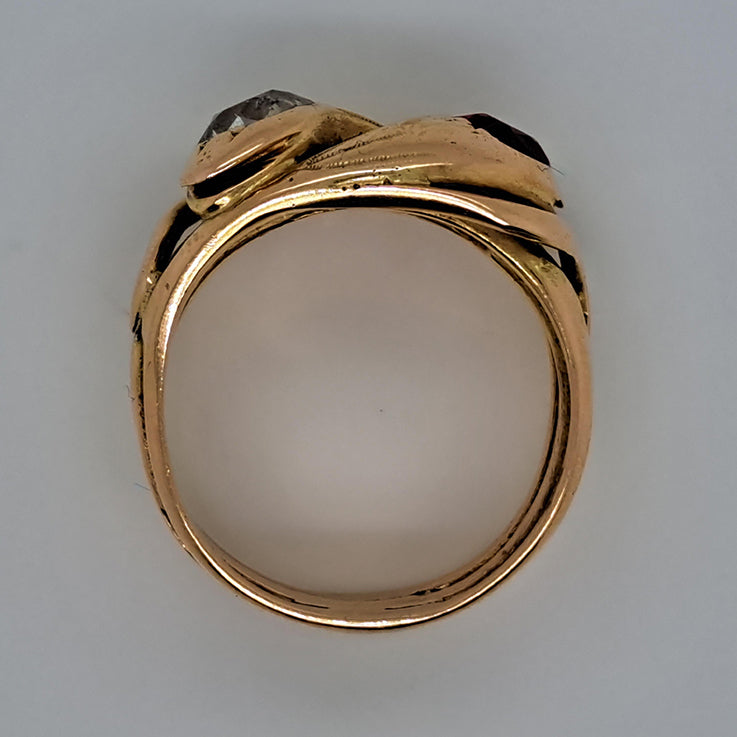 Antique Old Mine Cut Diamond and Ruby Set 18ct Yellow Gold Double Head Snake Ring