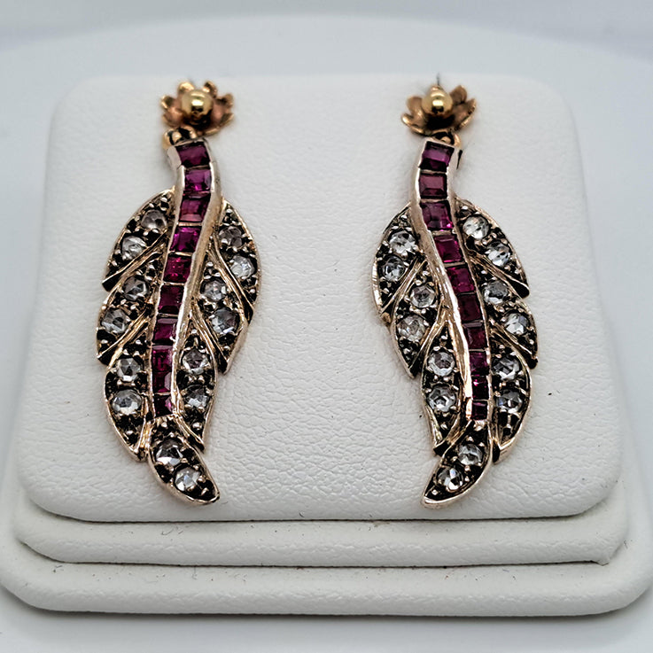 Antique Ruby and Rose Cut Diamond Leaf Drop Earrings