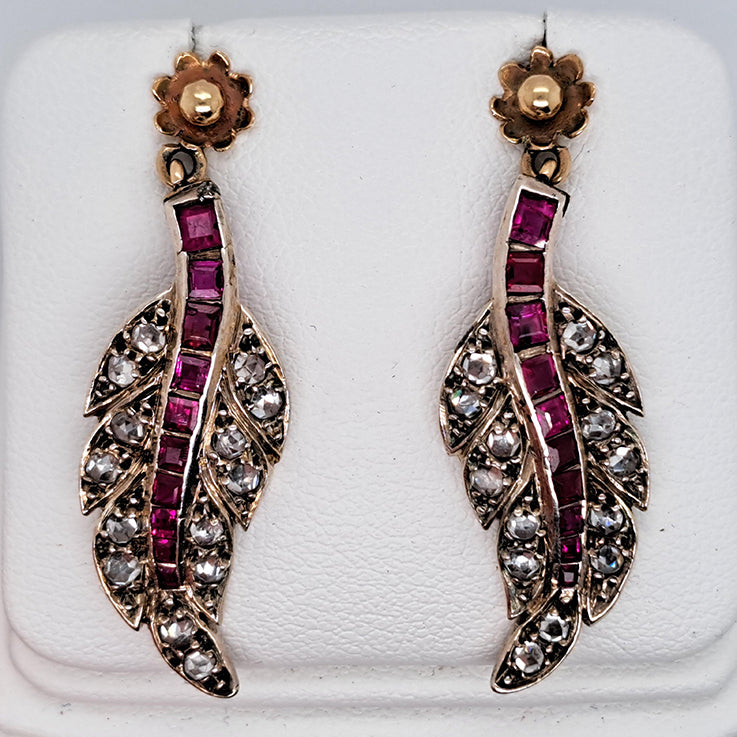 Antique Ruby and Rose Cut Diamond Leaf Drop Earrings