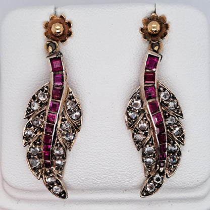 Antique Ruby and Rose Cut Diamond Leaf Drop Earrings