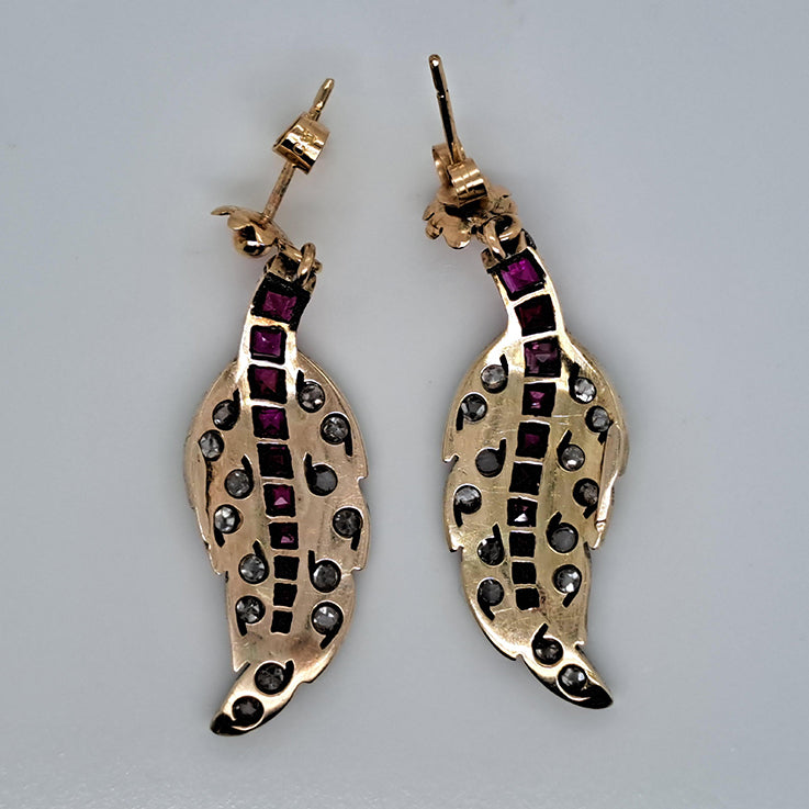 Antique Ruby and Rose Cut Diamond Leaf Drop Earrings