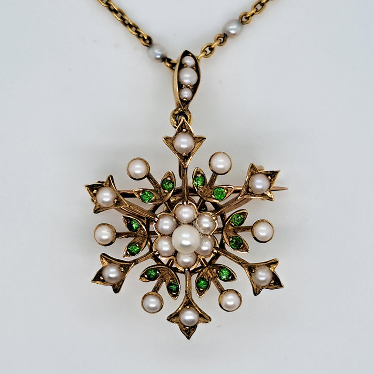 Victorian Antique Demantoid Garnet and Pearl 15ct Gold Snowflake Pendant Brooch