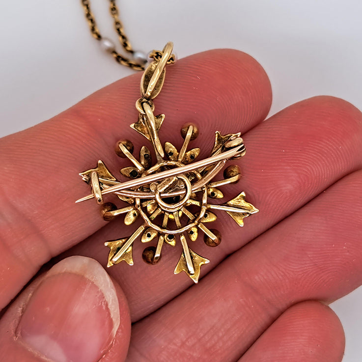 Victorian Antique Demantoid Garnet and Pearl 15ct Gold Snowflake Pendant Brooch
