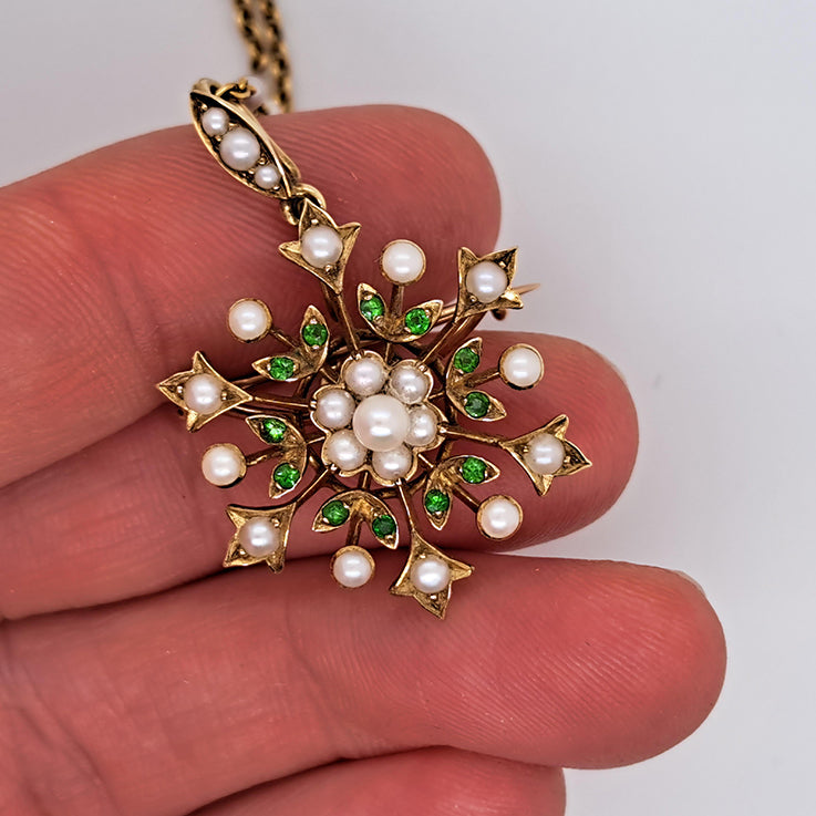 Victorian Antique Demantoid Garnet and Pearl 15ct Gold Snowflake Pendant Brooch