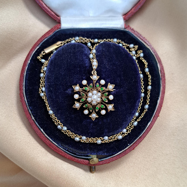 Victorian Antique Demantoid Garnet and Pearl 15ct Gold Snowflake Pendant Brooch