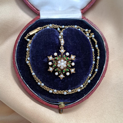 Victorian Antique Demantoid Garnet and Pearl 15ct Gold Snowflake Pendant Brooch