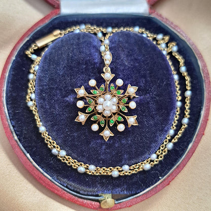 Victorian Antique Demantoid Garnet and Pearl 15ct Gold Snowflake Pendant Brooch