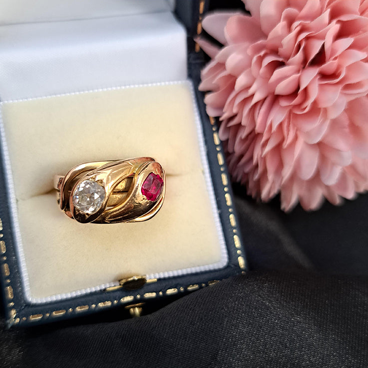 Antique Old Mine Cut Diamond and Ruby Set 18ct Yellow Gold Double Head Snake Ring