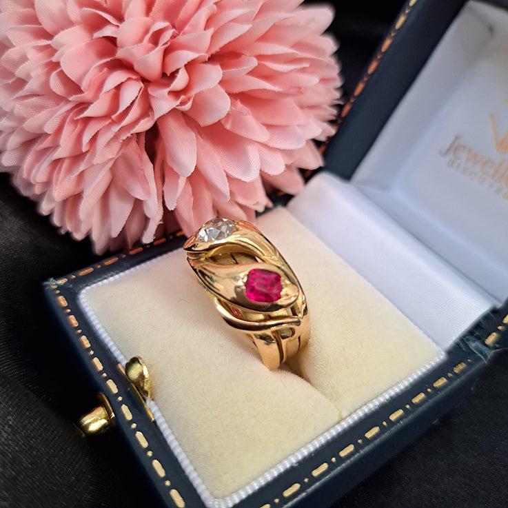 Antique Old Mine Cut Diamond and Ruby Set 18ct Yellow Gold Double Head Snake Ring