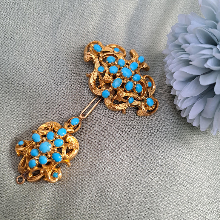 Antique Cabochon Turquoise and 15ct Gold Convertible Pendant Brooch with detachable elements providing a one-of-a-kind versatile piece of jewellery