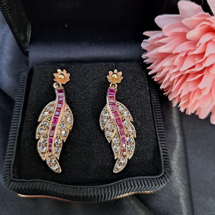 Antique Ruby and Rose Cut Diamond Leaf Drop Earrings