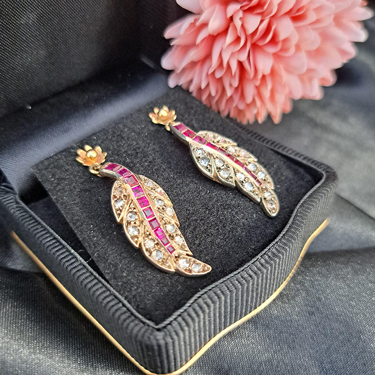 Antique Ruby and Rose Cut Diamond Leaf Drop Earrings