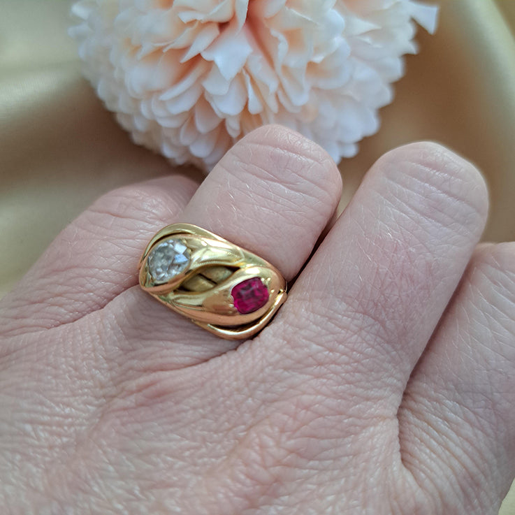 Antique Old Mine Cut Diamond and Ruby Set 18ct Yellow Gold Double Head Snake Ring