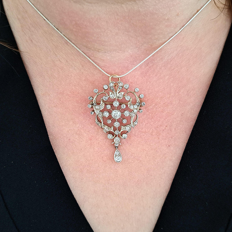 Antique Old Cut Diamond Cluster Pendant Come Brooch